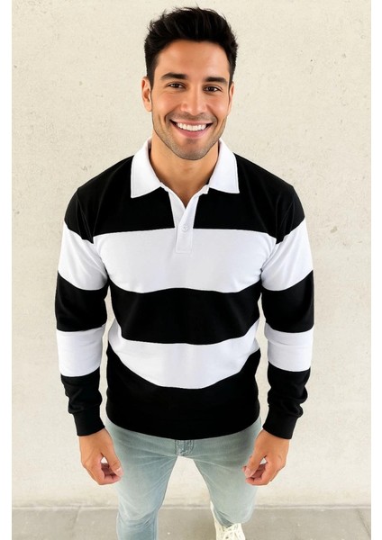 Erkek Polo Yaka Uzun Kollu Çizgili Sweatshirt Trend Rugby Stil