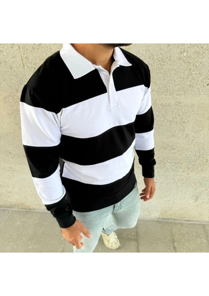 Erkek Polo Yaka Uzun Kollu Çizgili Sweatshirt Trend Rugby Stil modelleri