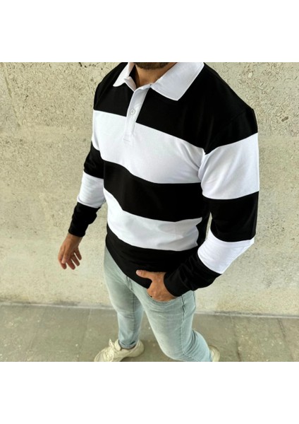 Erkek Polo Yaka Uzun Kollu Çizgili Sweatshirt Trend Rugby Stil fırsatları
