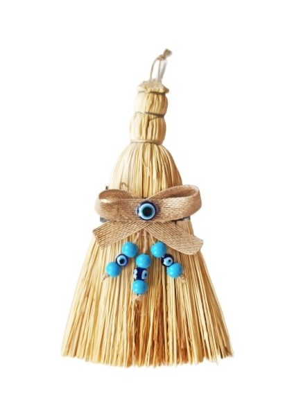 Otantik Ahşap Boncuklu Mini Süpürge Nazar Boncuklu Duvar Süsü