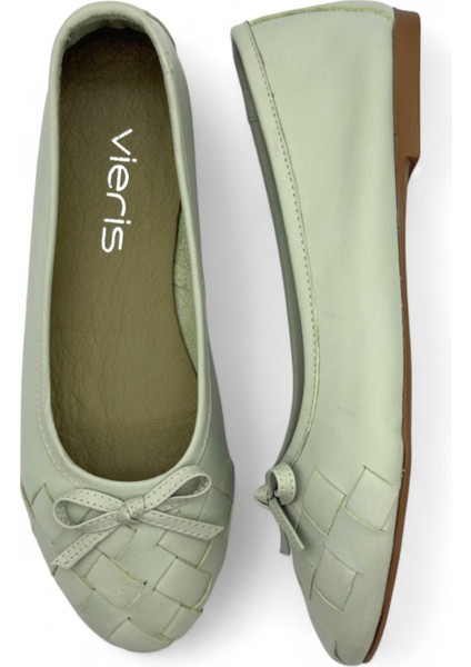 Chic Su Yeşili Hakiki Deri Fiyonk Detaylı Kadın Günlük Babet