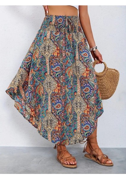 Kadın Beli Lastikli Bağcıklı Asimetrik Kesim Detaylı Desenli Bürümcük Etek modelleri