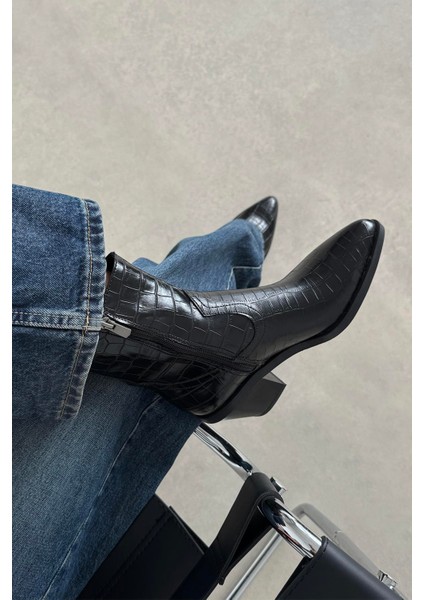 Jose Kadın Kroko Deri Topuklu Bot Siyah