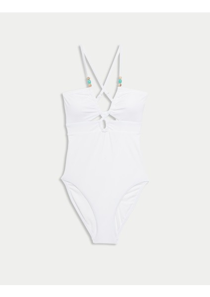 Boncuk Detaylı Cut Out Bandeau Mayo