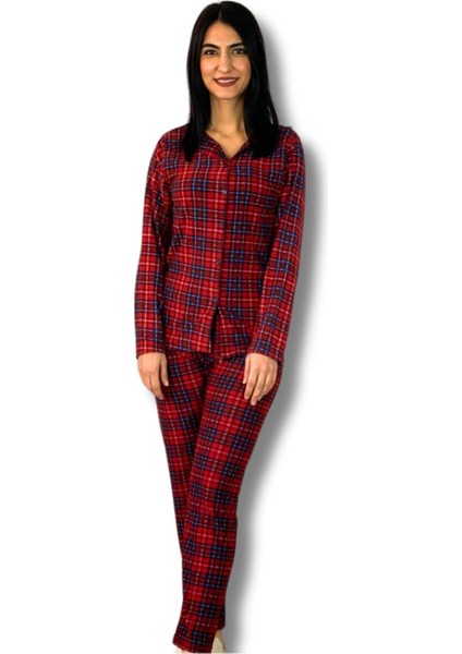 Kadın Ekose Desenli Süet Düğmeli Pijama Takımı (Kırmızı) Kırmızı