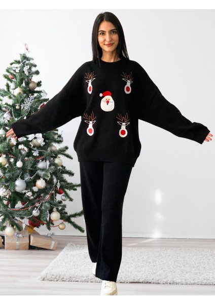 Kadın Uzun Kol Yeni Yıl Nakışlı Bisiklet Yaka Triko Kazak Pantolo modelleri