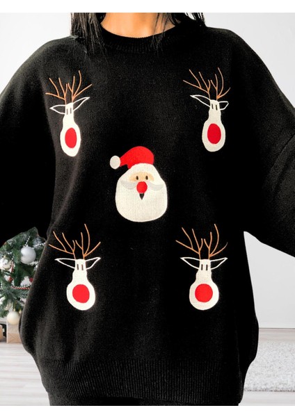 Kadın Uzun Kol Yeni Yıl Nakışlı Bisiklet Yaka Triko Kazak Pantolo indirimleri