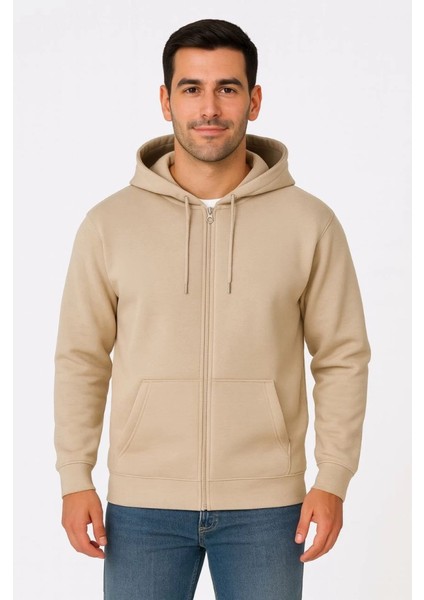 Erkek Üç Iplik Kapüşonlu Tam Fermuarlı Kanguru Çepli Sweatshirt Hoodie