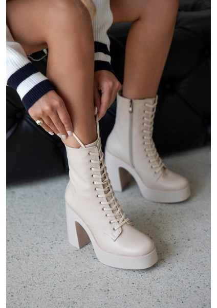 Myra Kadın Platform Topuk Deri Bot Bej
