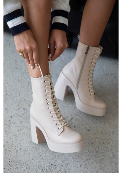 Myra Kadın Platform Topuk Deri Bot Bej modelleri