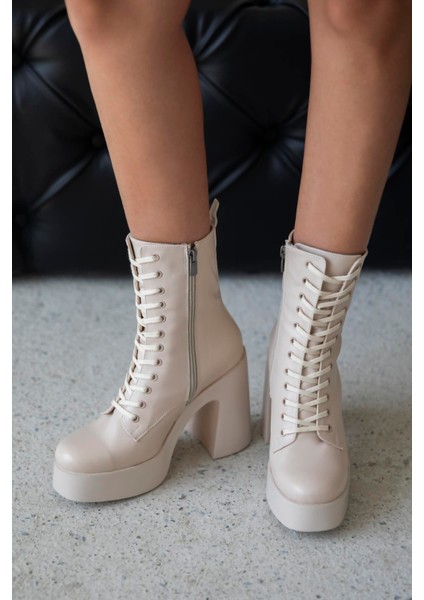 Myra Kadın Platform Topuk Deri Bot Bej fırsatları