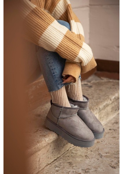 Tommo Kadın Içi Tüylü Kalın Taban Süet Yarım Bot Gri