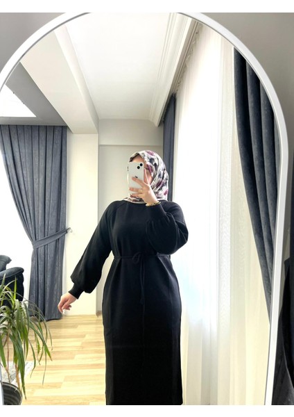 Triko Balon Kol Uzun Elbise Siyah