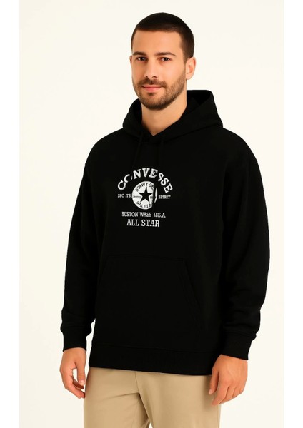 Üç Iplik Kapşonlu Ön ve Arka Baskılı Sweatshirt Hoodie- Siyah