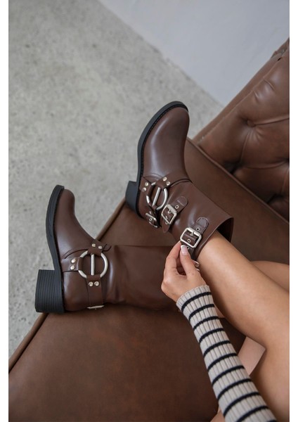 Senya Kadın Aksesuar Detay Deri Bot Kahve