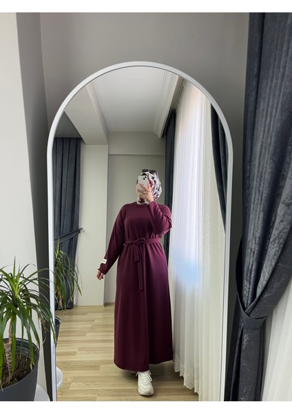 Kuşaklı Tesettür Bordo Elbise
