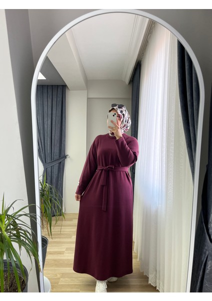 Kuşaklı Tesettür Bordo Elbise modelleri
