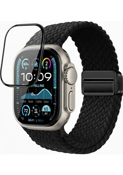Apple Watch 7 41MM Ultraprotect Pmma Pet Saat Ekran Koruyucu + Yumuşak Dokuluörgü Tasarımlı Hasır Kordon