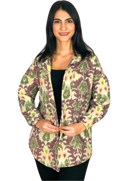Kadın Tek Cepli Desenli Kalın Oduncu Ceket Gömlek (Mürdüm-Yeşil)