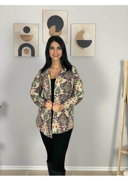 Kadın Tek Cepli Desenli Kalın Oduncu Ceket Gömlek (Mürdüm-Yeşil) modelleri