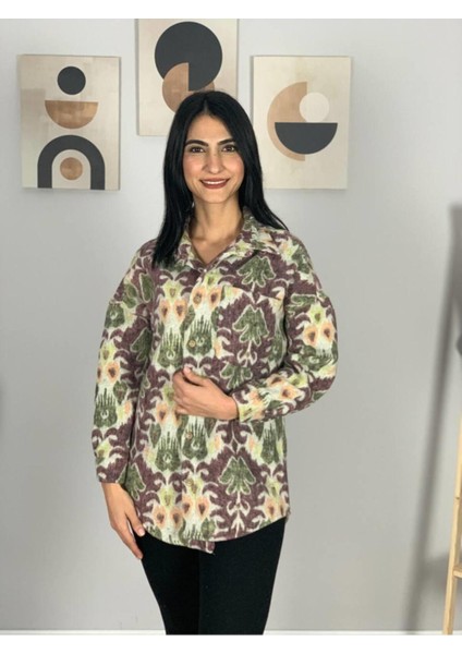 Kadın Tek Cepli Desenli Kalın Oduncu Ceket Gömlek (Mürdüm-Yeşil) indirimleri