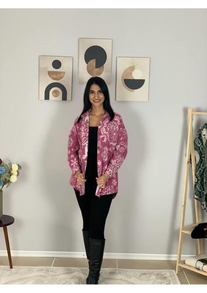 Kadın Tek Cepli Desenli Kalın Oduncu Ceket Gömlek (Pembe) Standar