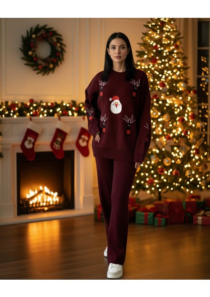 Kadın Uzun Kol Yeni Yıl Nakışlı Bisiklet Yaka Triko Kazak Pantolo