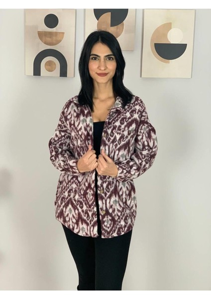 Kadın Tek Cepli Desenli Kalın Oduncu Ceket Gömlek (Bordo) Standar modelleri