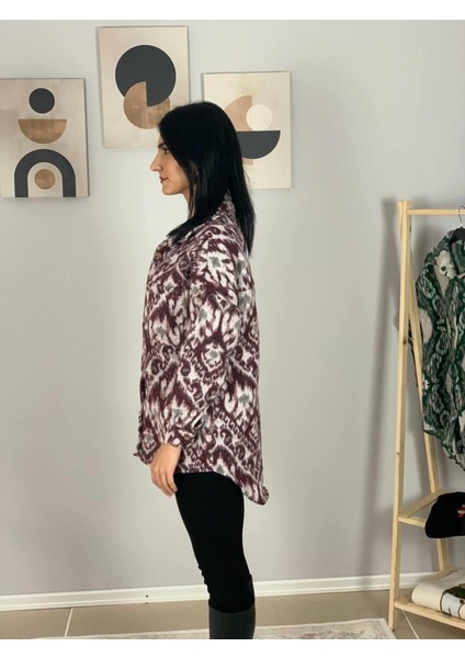 Kadın Tek Cepli Desenli Kalın Oduncu Ceket Gömlek (Bordo) Standar fırsatları