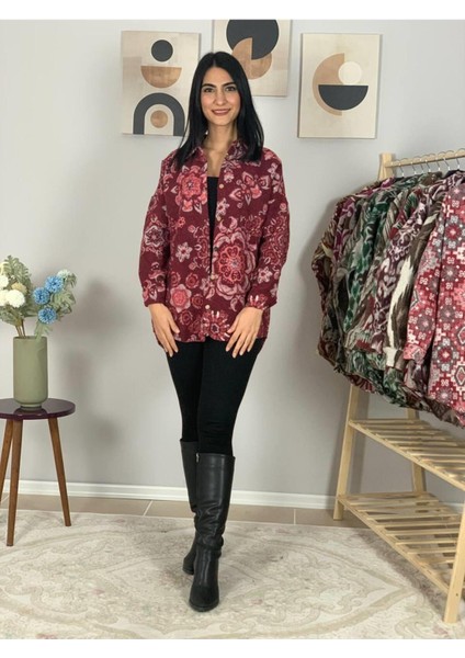 Kadın Tek Cepli Desenli Kalın Oduncu Ceket Gömlek (Kırmızı-Pembe) fiyatları