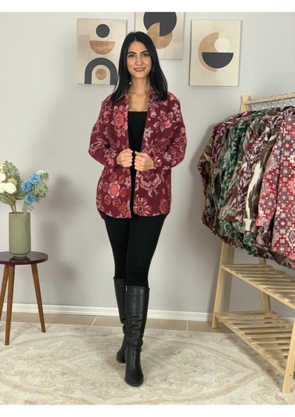 Kadın Tek Cepli Desenli Kalın Oduncu Ceket Gömlek (Kırmızı-Pembe) modelleri