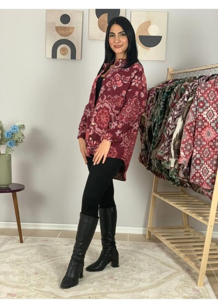 Kadın Tek Cepli Desenli Kalın Oduncu Ceket Gömlek (Kırmızı-Pembe) fırsatları