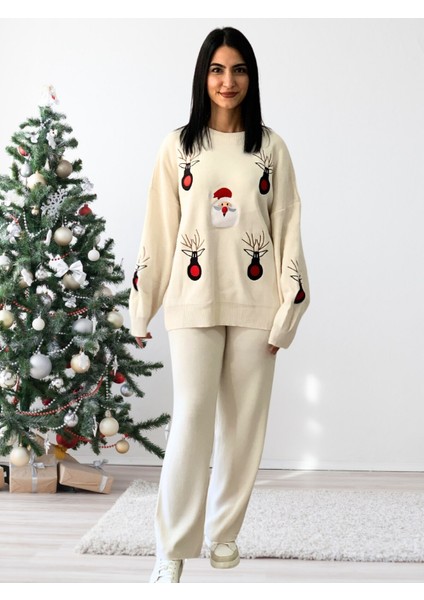 Kadın Uzun Kol Yeni Yıl Nakışlı Bisiklet Yaka Triko Kazak Pantolo modelleri