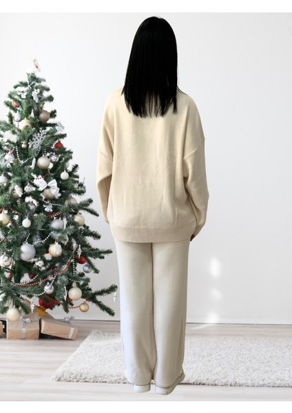 Kadın Uzun Kol Yeni Yıl Nakışlı Bisiklet Yaka Triko Kazak Pantolo fırsatları