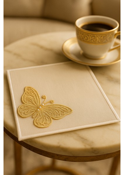 El Nakışı Altın Kelebek Motifli Kahve Sunum Altlığı – Inci Detaylı, El Işçiliği Premium Tasarım fiyatları
