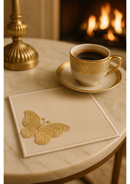 El Nakışı Altın Kelebek Motifli Kahve Sunum Altlığı – Inci Detaylı, El Işçiliği Premium Tasarım modelleri