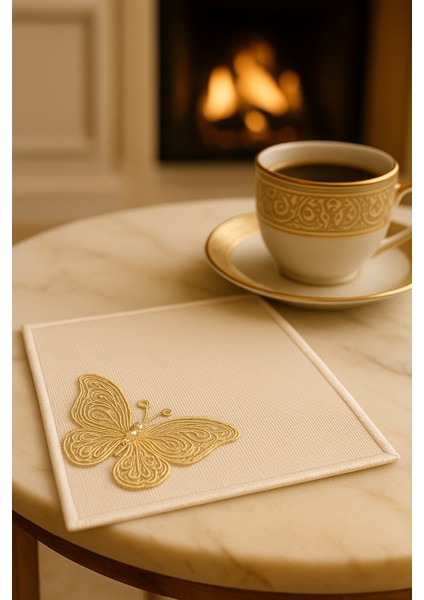 El Nakışı Altın Kelebek Motifli Kahve Sunum Altlığı – Inci Detaylı, El Işçiliği Premium Tasarım fırsatları