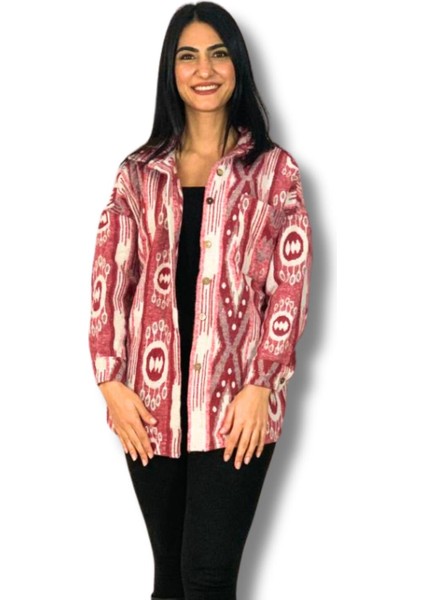 Kadın Tek Cepli Desenli Kalın Oduncu Ceket Gömlek (Kırmızı-Beyaz)