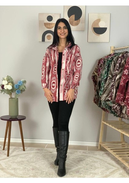 Kadın Tek Cepli Desenli Kalın Oduncu Ceket Gömlek (Kırmızı-Beyaz) modelleri
