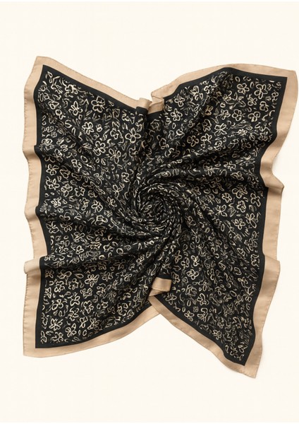Kadın Siyah Soft Saten Bej Kenarlı Çiçek Desenli Kare Eşarp