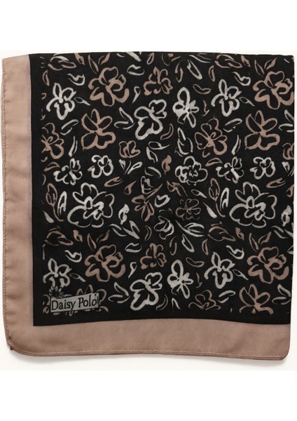 Kadın Siyah Soft Saten Bej Kenarlı Çiçek Desenli Kare Eşarp fiyatları