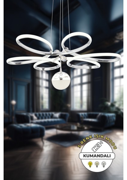 Krom Lüks 3 Renk Ledli Kumandalı Çiçek Avize