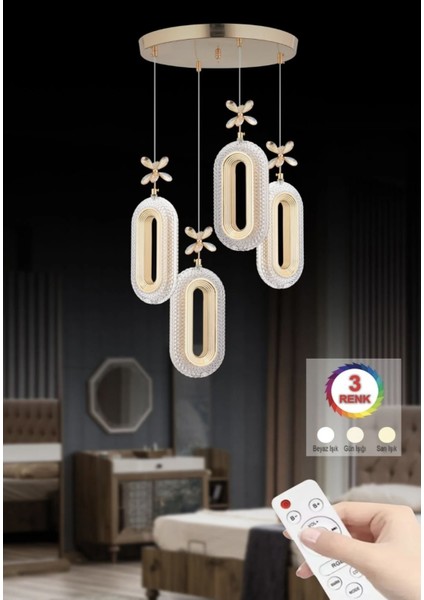 4'li Gold Kaplama Sarkıt Kumadalı LED Salon Avize 3 Renk Ledli