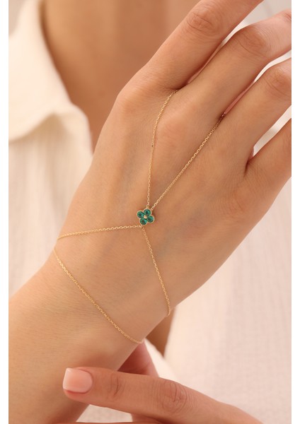 14 Ayar Altın Yeşil Taşlı Yonca Şahmeran