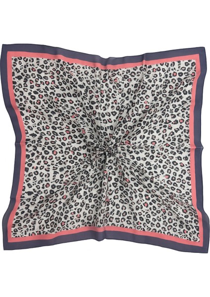 Kadın Gri Leopar Desenli Eşarp – Lacivert Pembe Bordürlü Modern Tasarım
