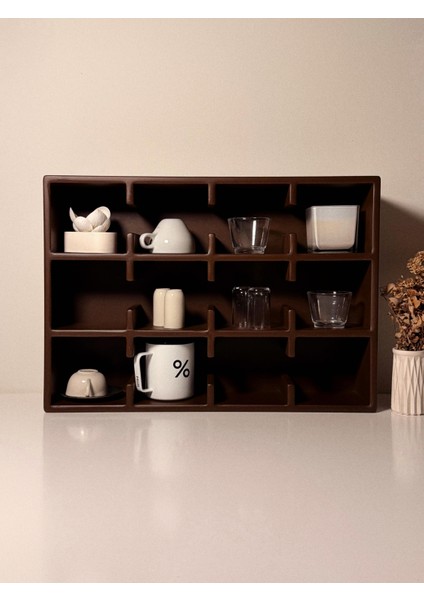 Kahverengi 12 Bölmeli Dekoratif Mug & Fincan Rafı– Kahve Köşesi – Ofis Organizer- Kupa Rafı- Kupalık