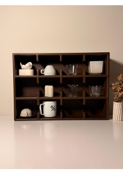 Kahverengi 12 Bölmeli Dekoratif Mug & Fincan Rafı– Kahve Köşesi – Ofis Organizer- Kupa Rafı- Kupalık