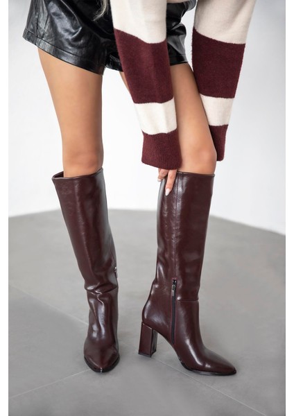 Sawyer Kadın Sivri Burun Kırışık Deri Çizme Bordo