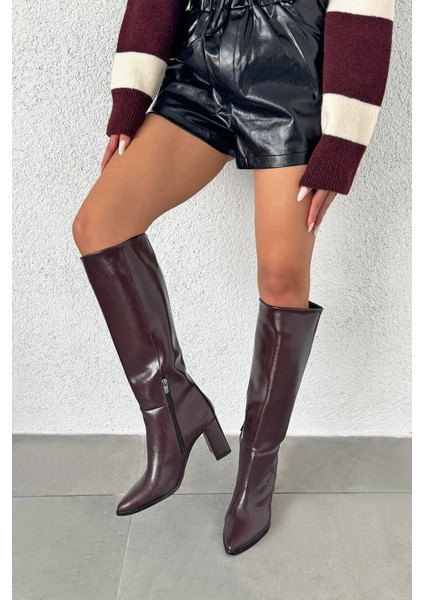 Sawyer Kadın Sivri Burun Kırışık Deri Çizme Bordo modelleri