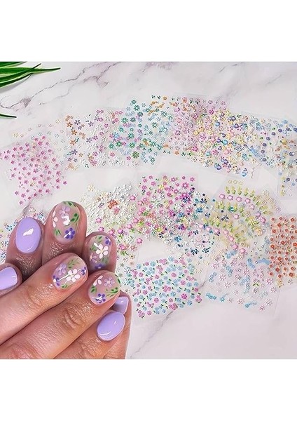 Store 500 Adet 10 Sayfa Sanatsal Çiçek Desenli Tırnak Sticker Protez Tırnak Kalıcı Oje 3D Süsleme, Çok Renkli modelleri